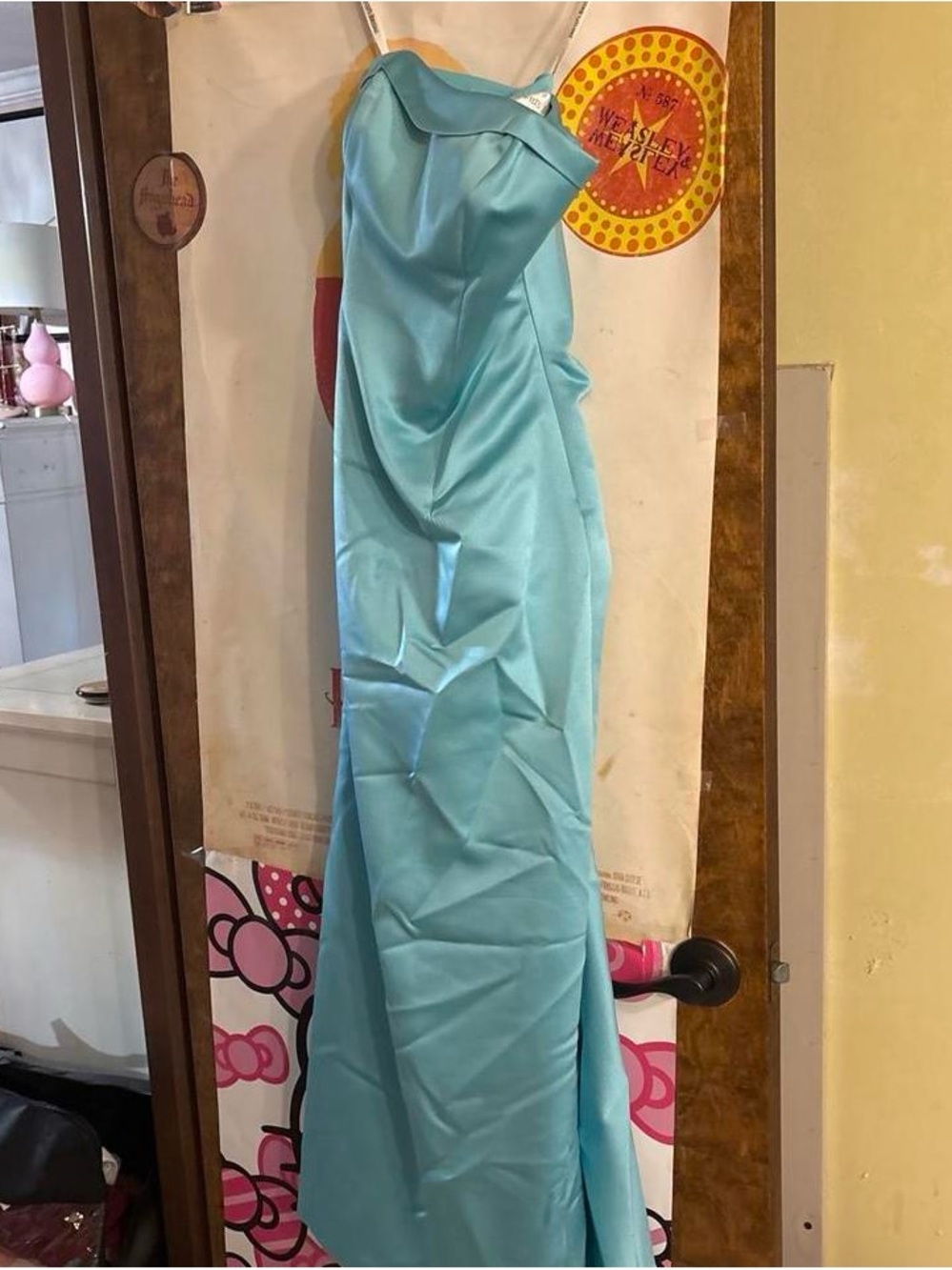 David's Bridal Strapless Aqua Satin Gown